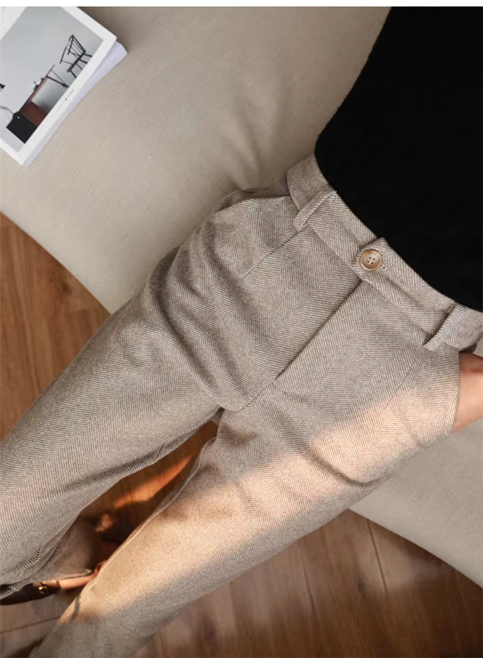 Wool Blend High-Waist Slim Trousers