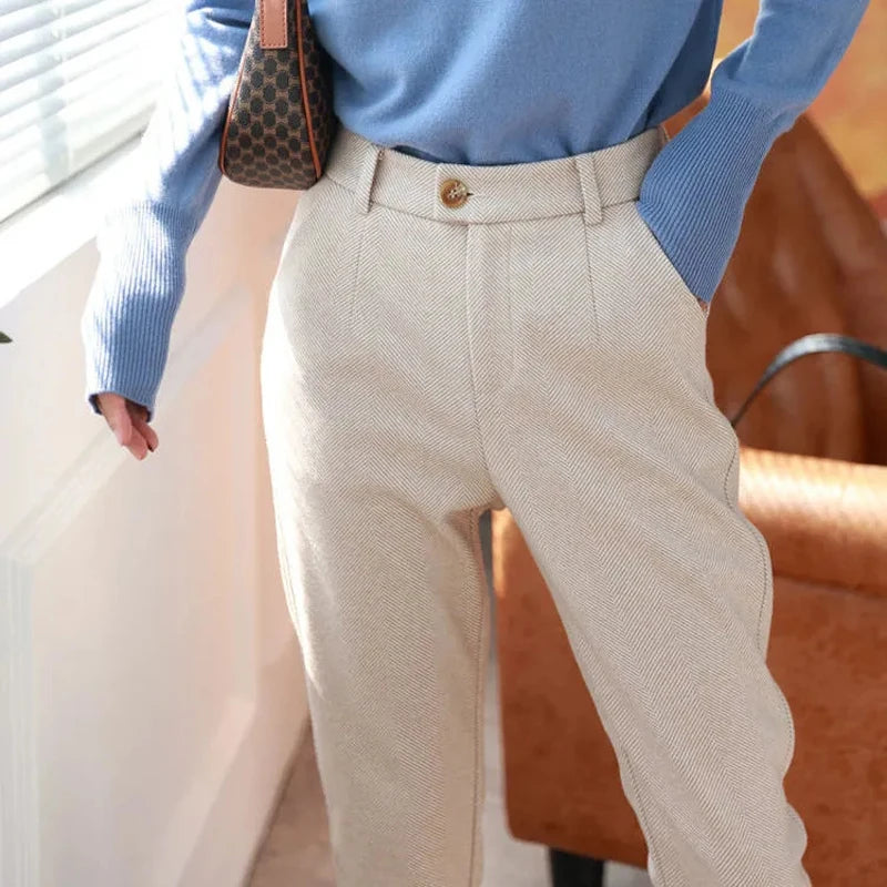 Wool Blend High-Waist Slim Trousers