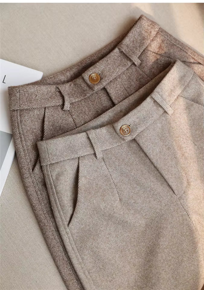 Wool Blend High-Waist Slim Trousers