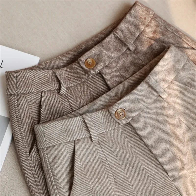 Wool Blend High-Waist Slim Trousers