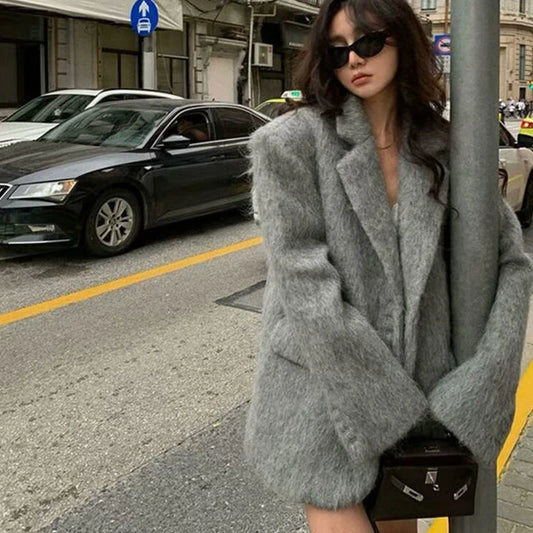 Oversized Grey Wool-Blend Blazer Coat