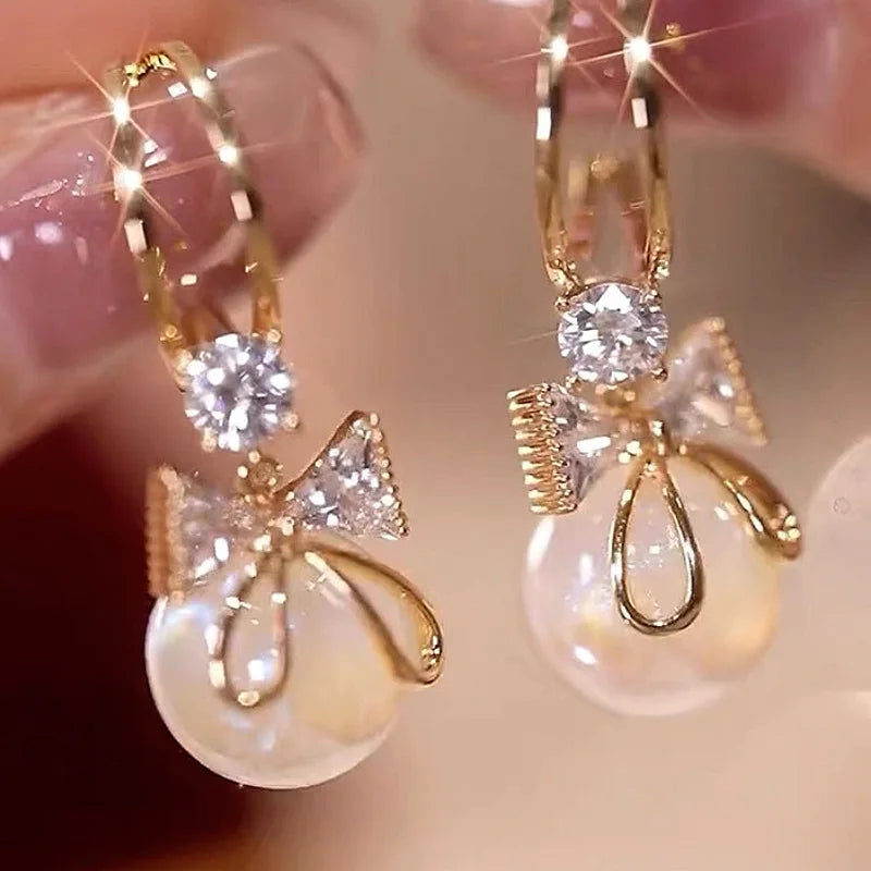 Crystal Wave Pearl Drop Earrings