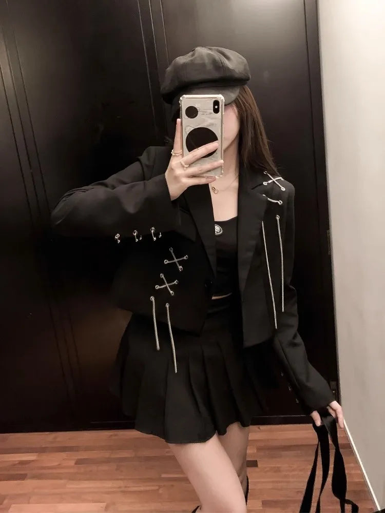Cropped Black Blazer with Chain & Metal Detailing