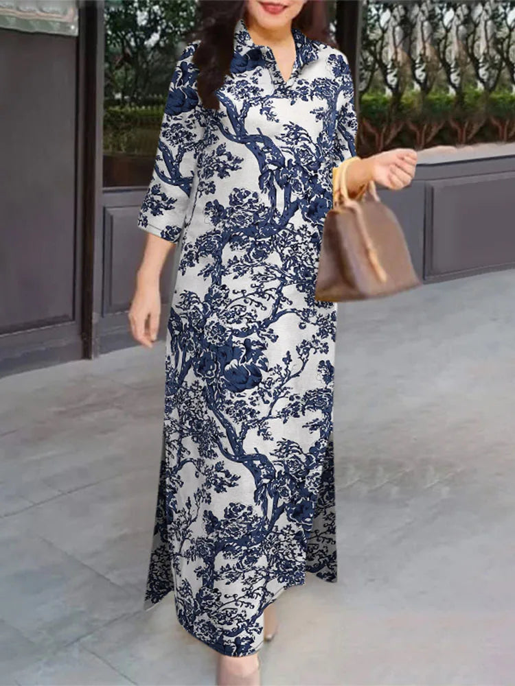 Vintage Floral Patchwork Maxi Shirt Dress – 3/4 Sleeve Cotton Lapel Dress