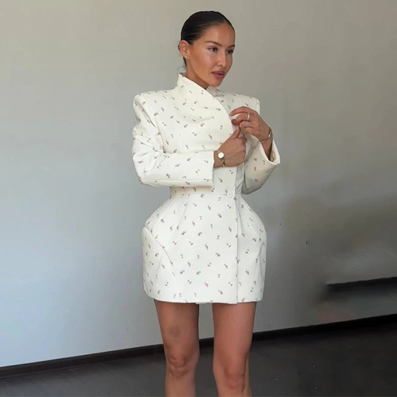 Structured Off-White Blazer Dress with Shoulder Pads