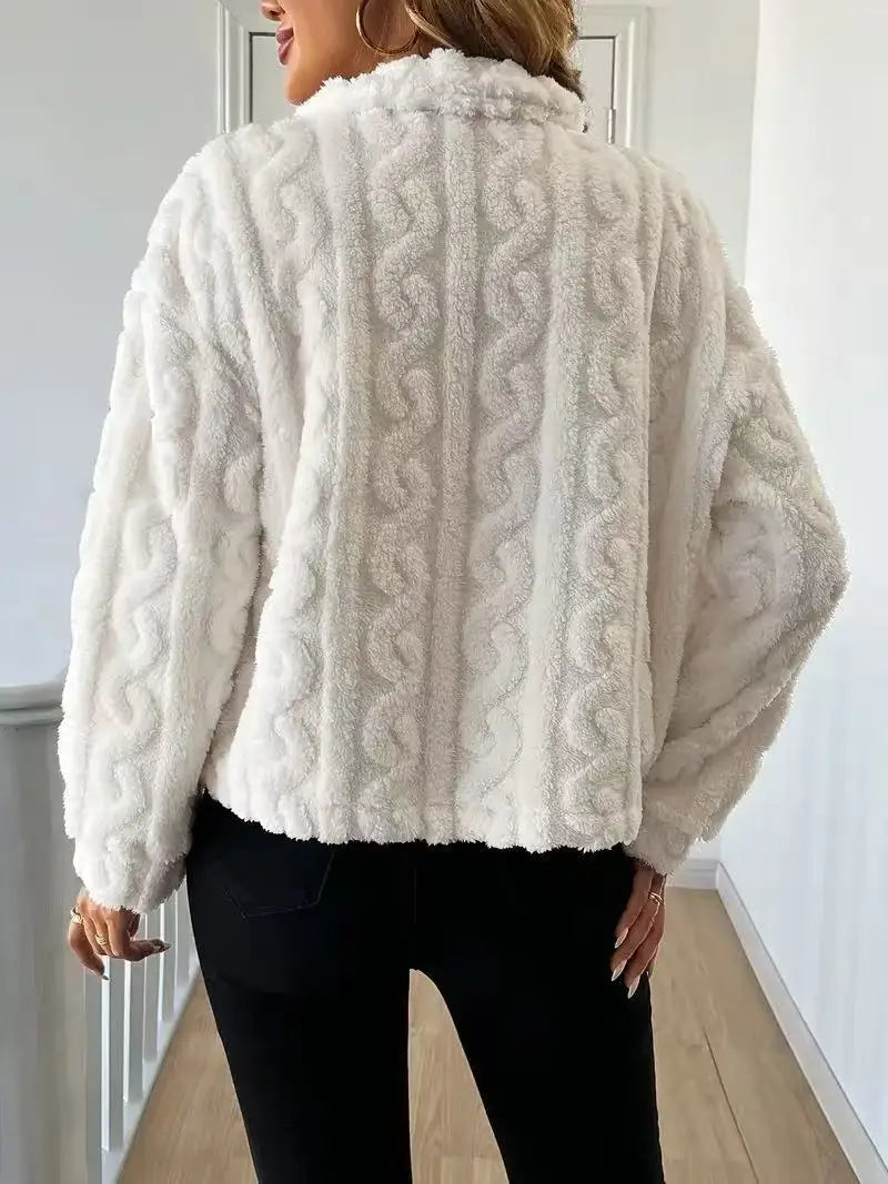 White Plush Button-Up Jacket – Soft Faux Fur Winter Coat