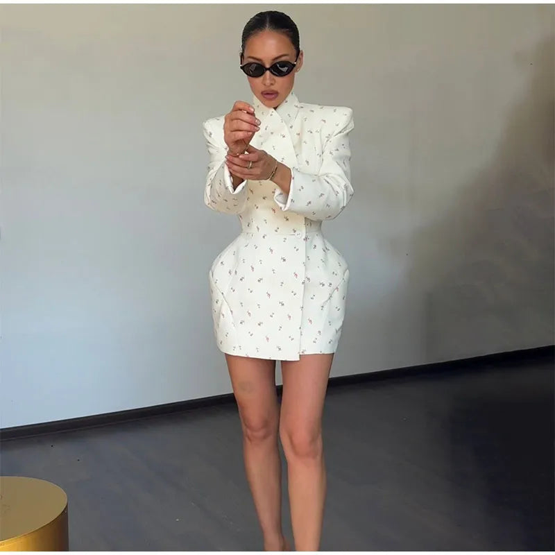 Structured Off-White Blazer Dress with Shoulder Pads