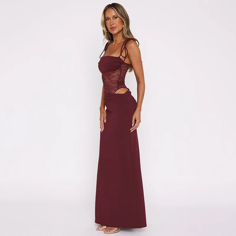 Burgundy Lace Cut-Out Maxi Dress