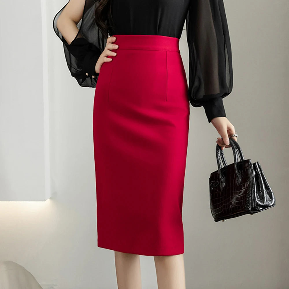 Classic Gray Pencil Skirt – High-Waist Slim Fit Office Midi