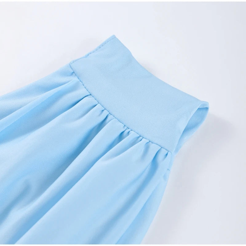 Elegant Light Blue Draped Evening Gown – Pleated Shawl Detail, Slim Fit Maxi Dress