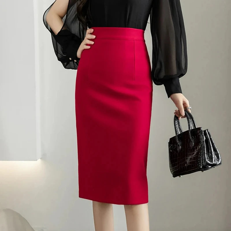 Classic Gray Pencil Skirt – High-Waist Slim Fit Office Midi