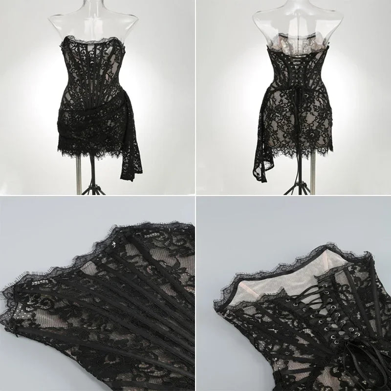 Black Strapless Lace Corset Mini Dress