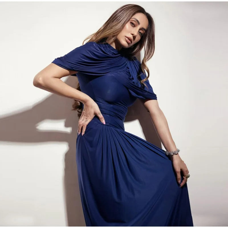 Elegant Light Blue Draped Evening Gown – Pleated Shawl Detail, Slim Fit Maxi Dress
