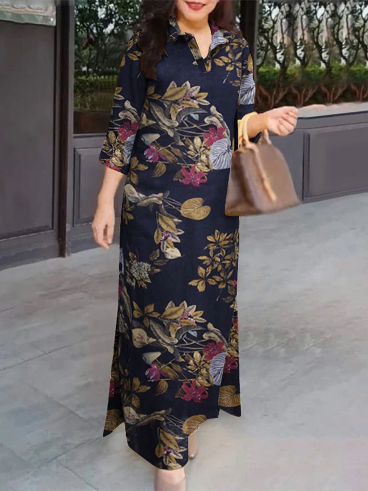 Vintage Floral Patchwork Maxi Shirt Dress – 3/4 Sleeve Cotton Lapel Dress