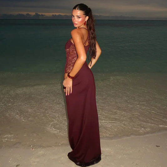 Burgundy Lace Cut-Out Maxi Dress