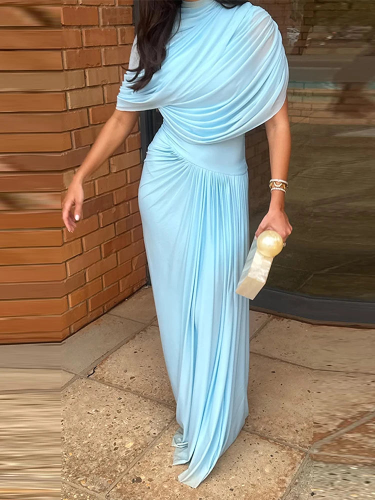 Elegant Light Blue Draped Evening Gown – Pleated Shawl Detail, Slim Fit Maxi Dress