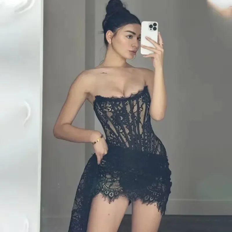Black Strapless Lace Corset Mini Dress