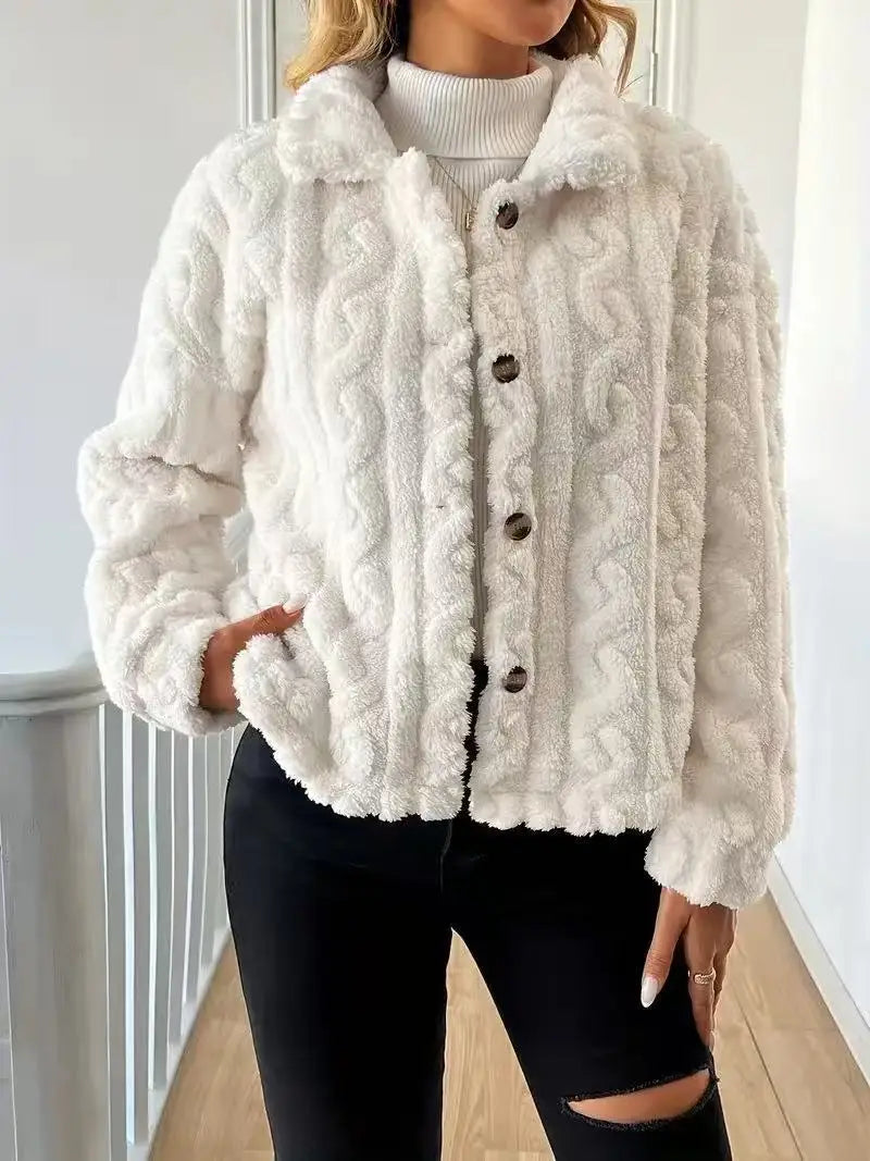 White Plush Button-Up Jacket – Soft Faux Fur Winter Coat