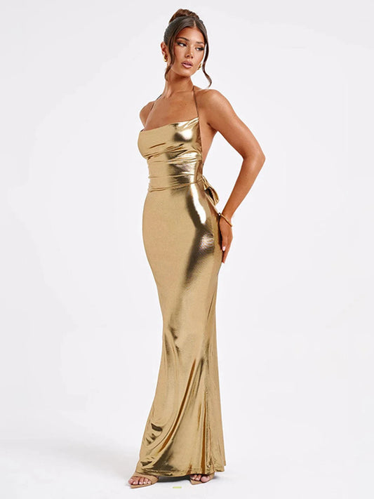 Gold Metallic Backless Maxi Dress