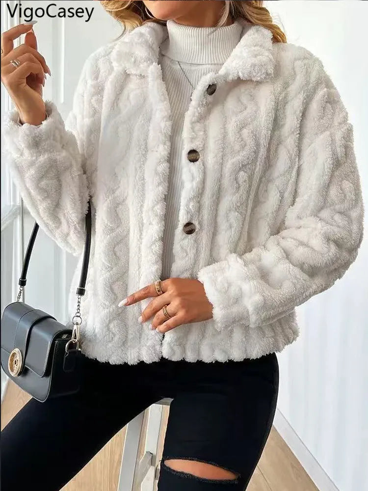 White Plush Button-Up Jacket – Soft Faux Fur Winter Coat