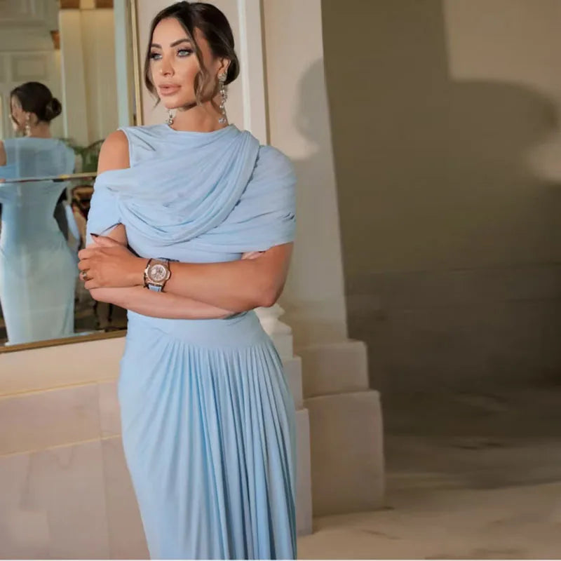 Elegant Light Blue Draped Evening Gown – Pleated Shawl Detail, Slim Fit Maxi Dress