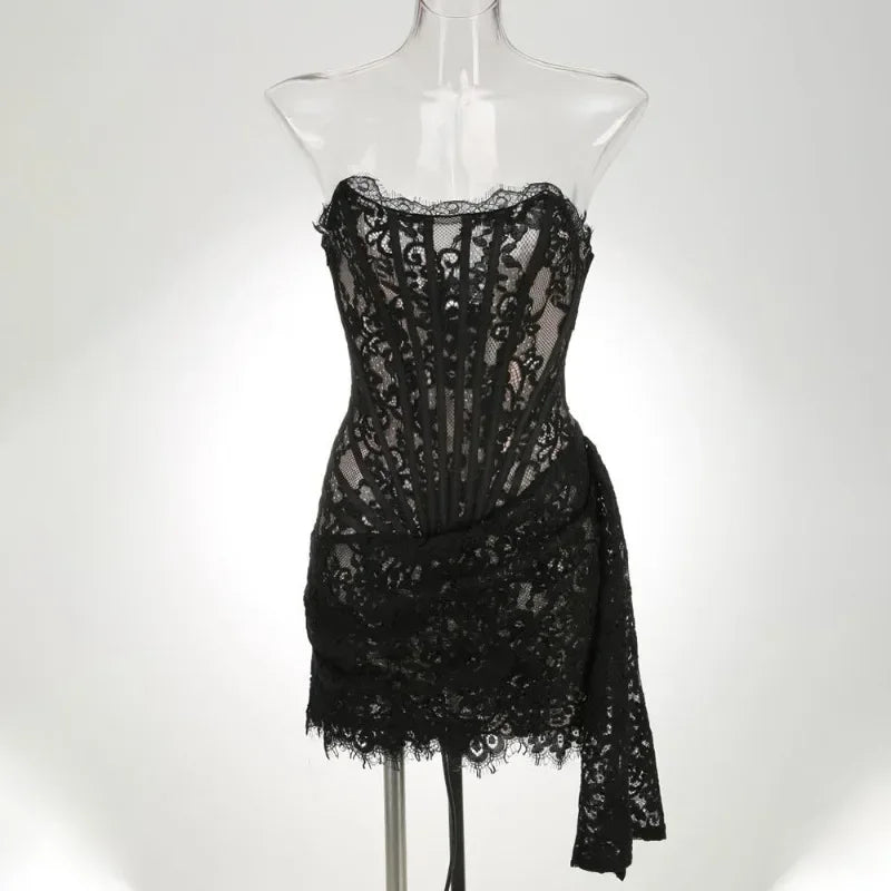 Black Strapless Lace Corset Mini Dress