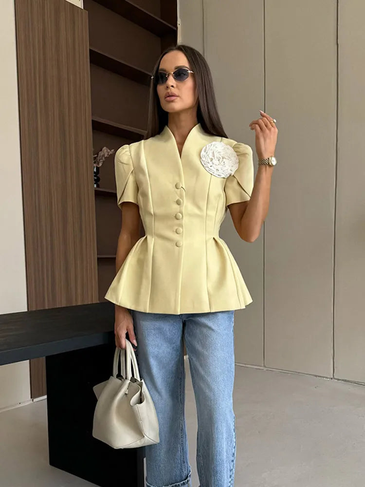 Short Sleeve Peplum Blazer with Floral Detail