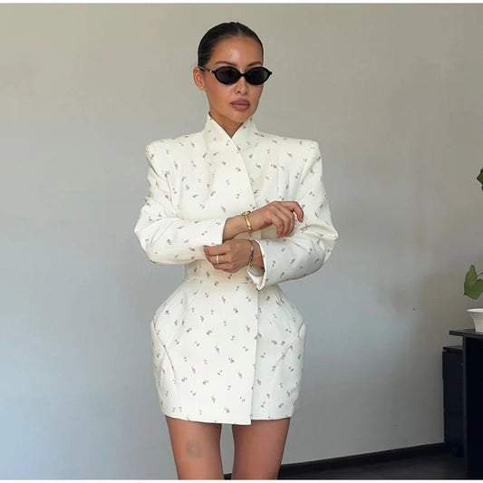 Structured Off-White Blazer Dress with Shoulder Pads