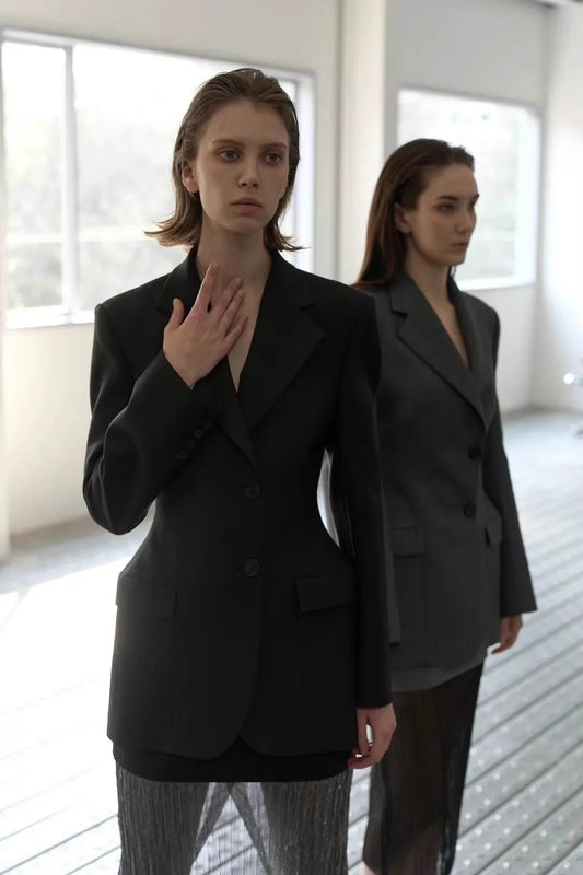 Tailored Grey Waist-Cinching Blazer