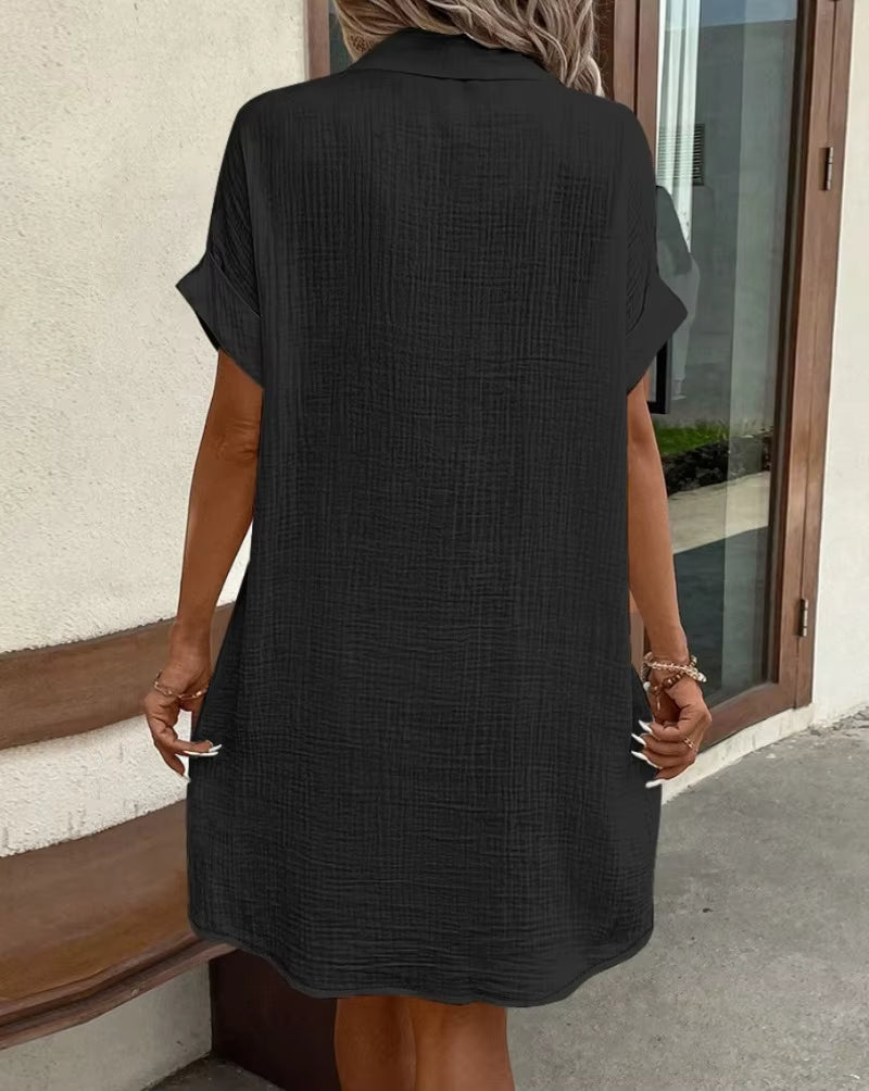 Button-Up Cotton Shirt Dress with Pockets