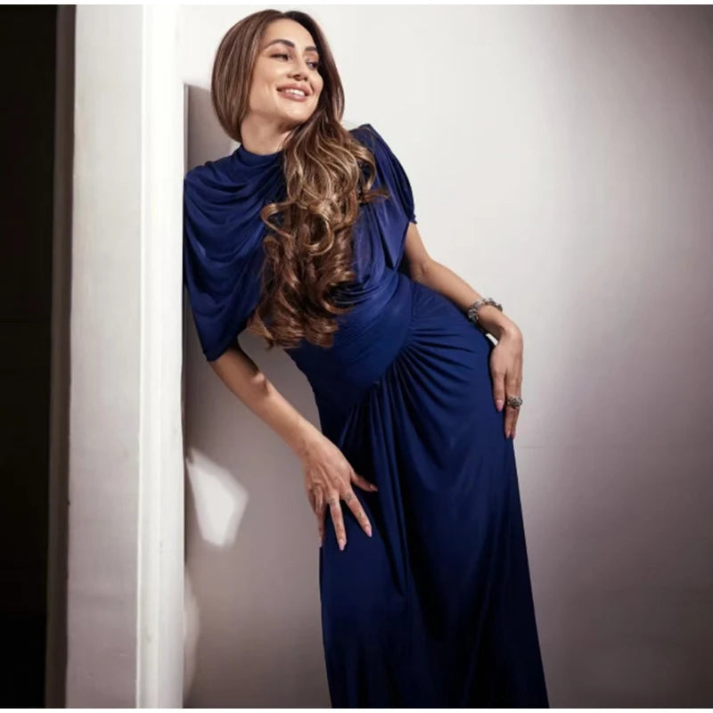 Elegant Light Blue Draped Evening Gown – Pleated Shawl Detail, Slim Fit Maxi Dress