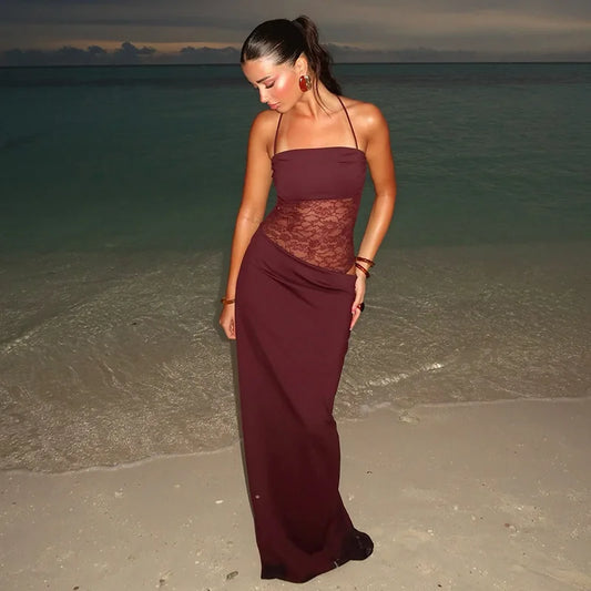 Burgundy Lace Cut-Out Maxi Dress