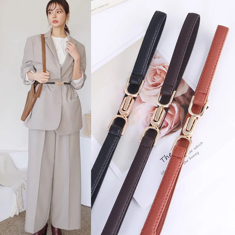 Slim Leather Waist Belt with Gold Buckle