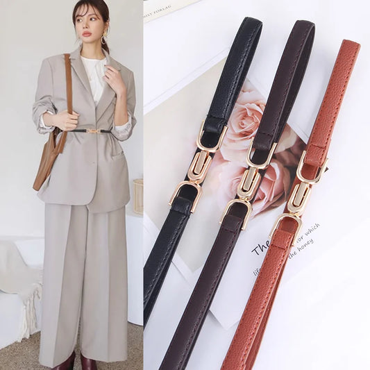 Slim Leather Waist Belt with Gold Buckle