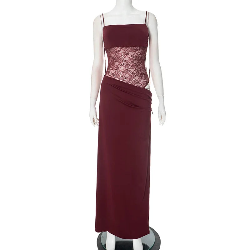 Burgundy Lace Cut-Out Maxi Dress
