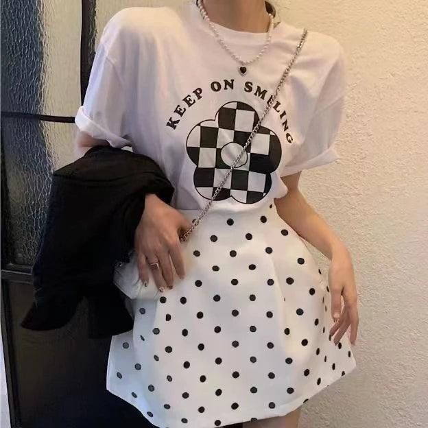 Retro Fluffy  Skirt High Waist Polka Dot White f-length Umbrella Skirt for plus Size Women Spring Summer Autumn