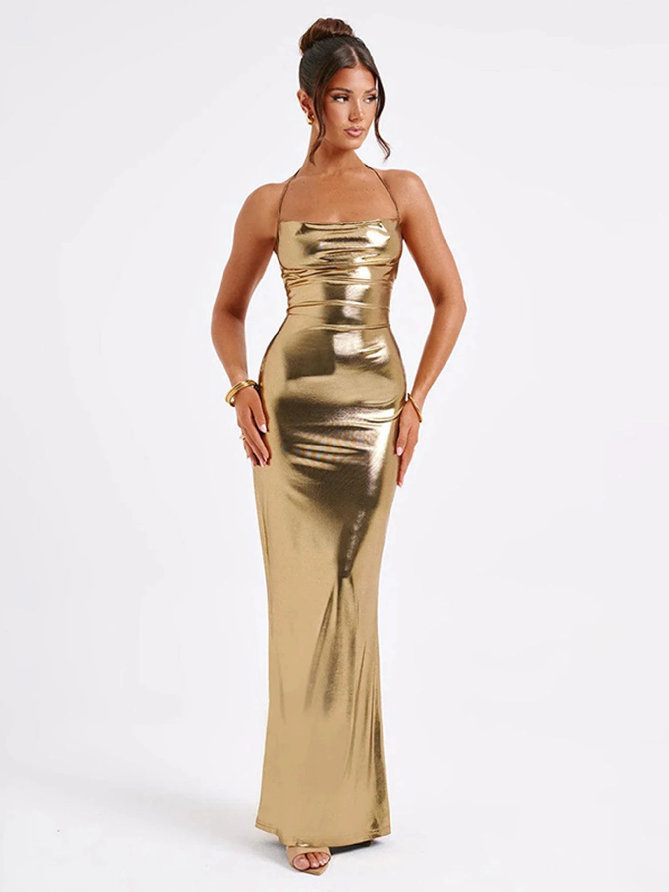 Gold Metallic Backless Maxi Dress