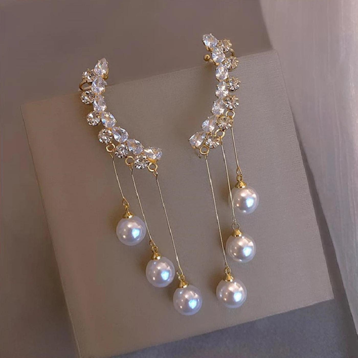 Crystal Wave Pearl Drop Earrings
