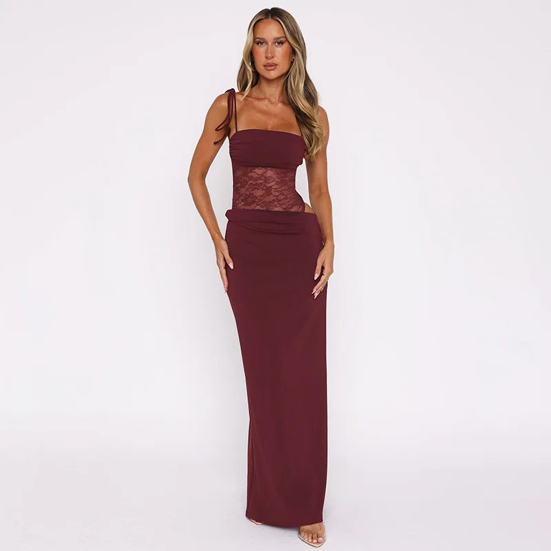 Burgundy Lace Cut-Out Maxi Dress