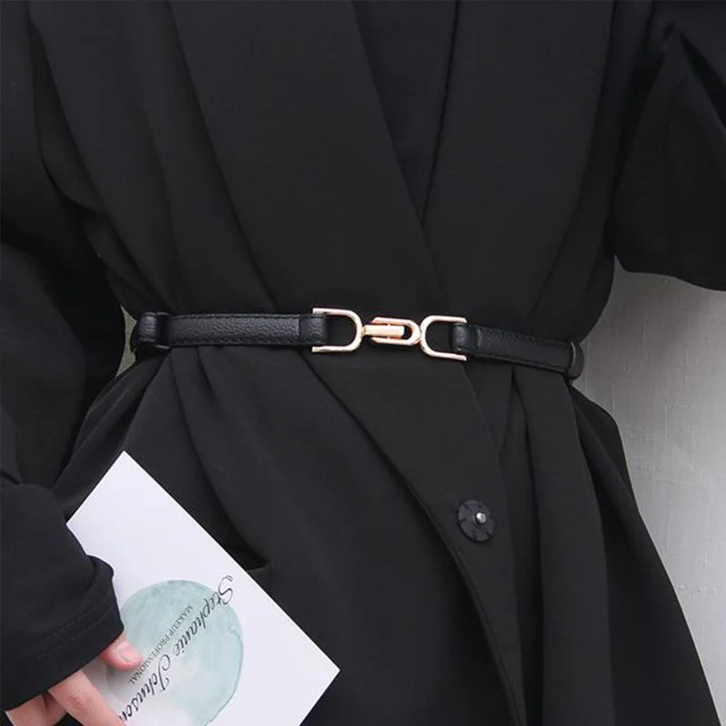 Slim Leather Waist Belt with Gold Buckle