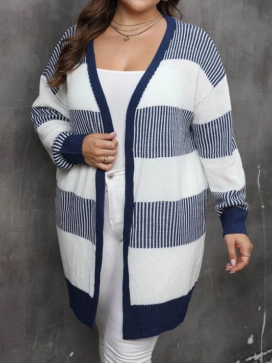 Plus Size Striped Open-Front Knit Cardigan