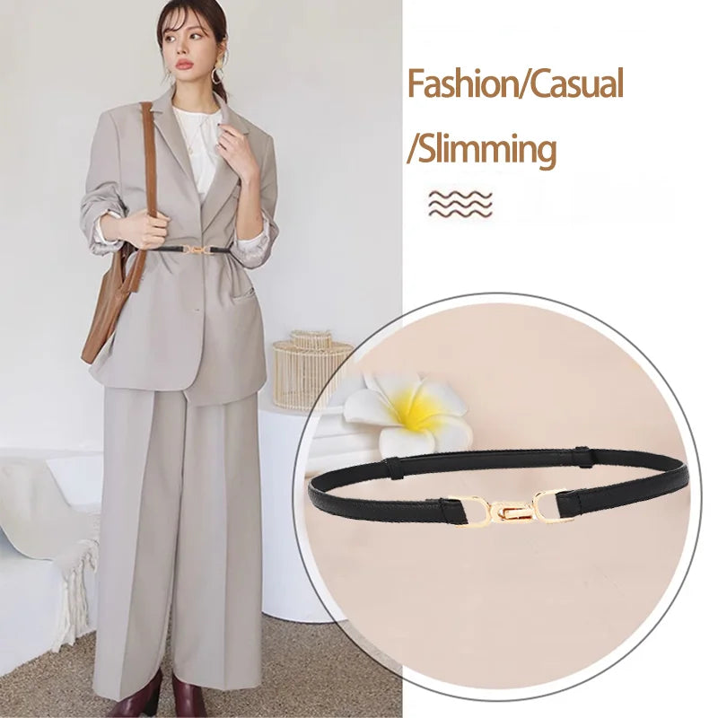 Slim Leather Waist Belt with Gold Buckle