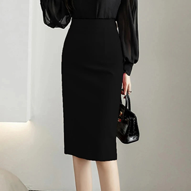 Classic Gray Pencil Skirt – High-Waist Slim Fit Office Midi