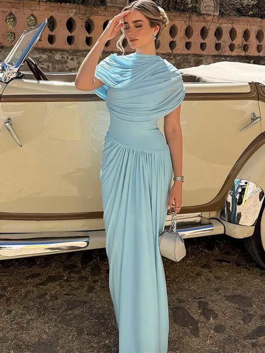 Elegant Light Blue Draped Evening Gown – Pleated Shawl Detail, Slim Fit Maxi Dress