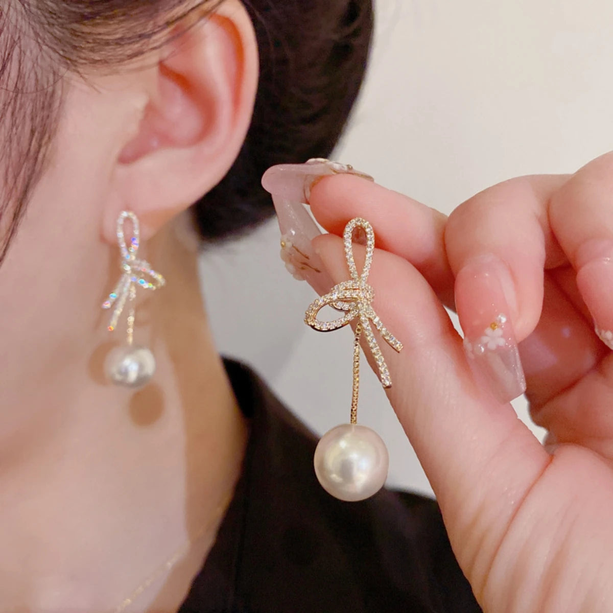 Crystal Wave Pearl Drop Earrings