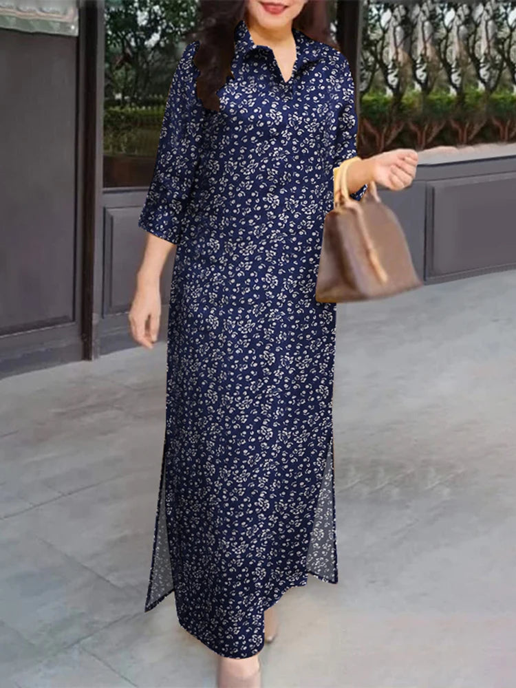 Vintage Floral Patchwork Maxi Shirt Dress – 3/4 Sleeve Cotton Lapel Dress