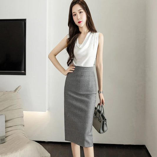 Classic Gray Pencil Skirt – High-Waist Slim Fit Office Midi