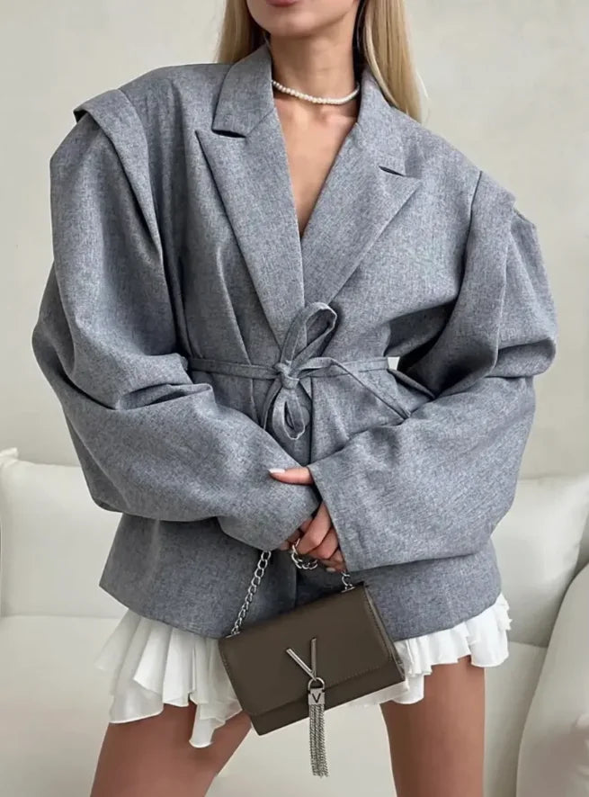 Structured Off-White Blazer Dress with Shoulder Pads