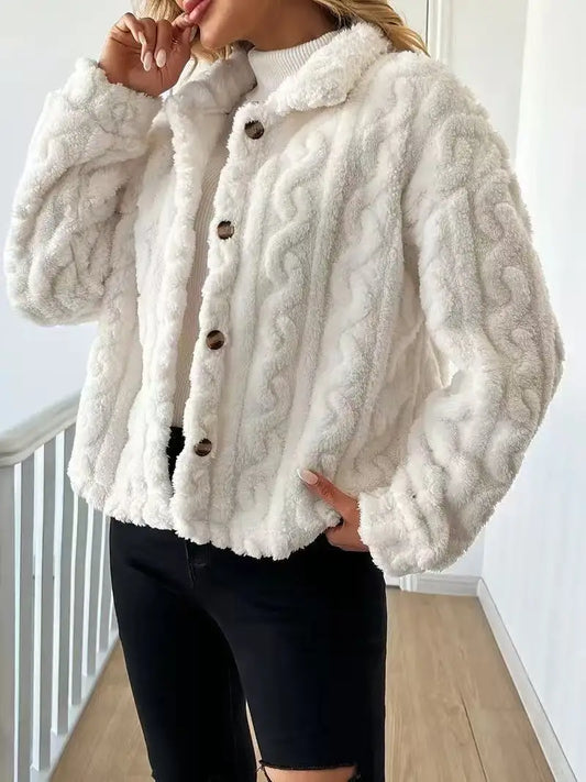 White Plush Button-Up Jacket – Soft Faux Fur Winter Coat