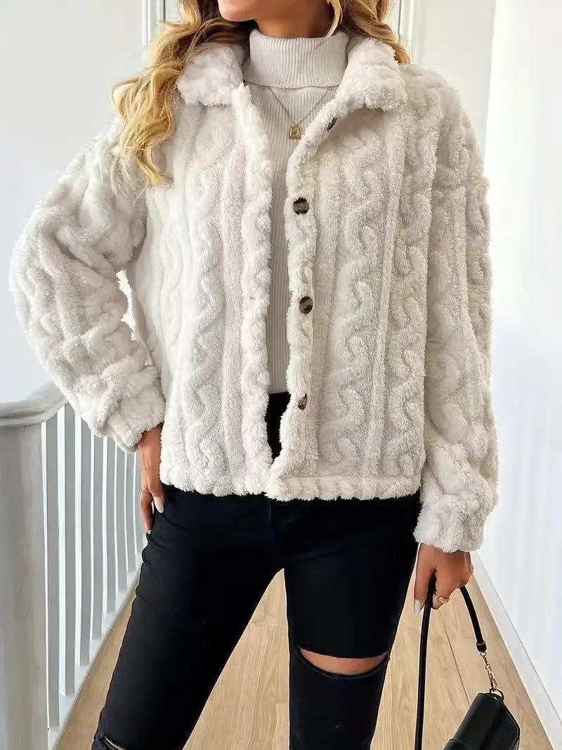 White Plush Button-Up Jacket – Soft Faux Fur Winter Coat